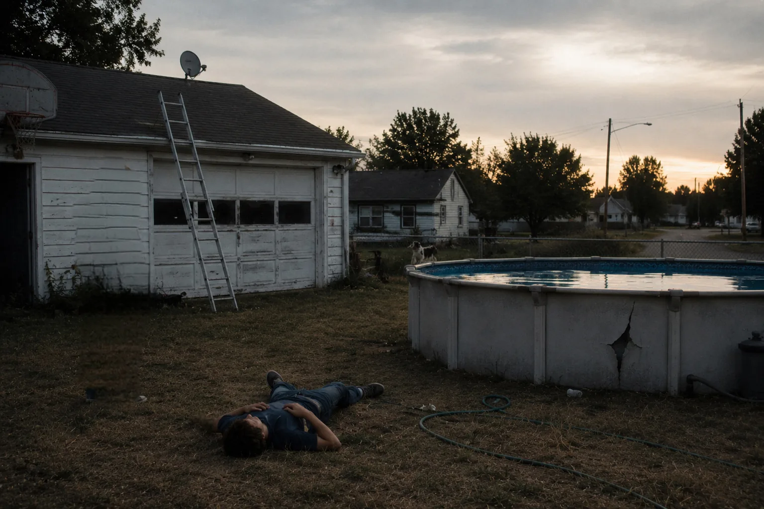 Two boys on a garage roof overlooking a cracked above-ground pool at golden hour