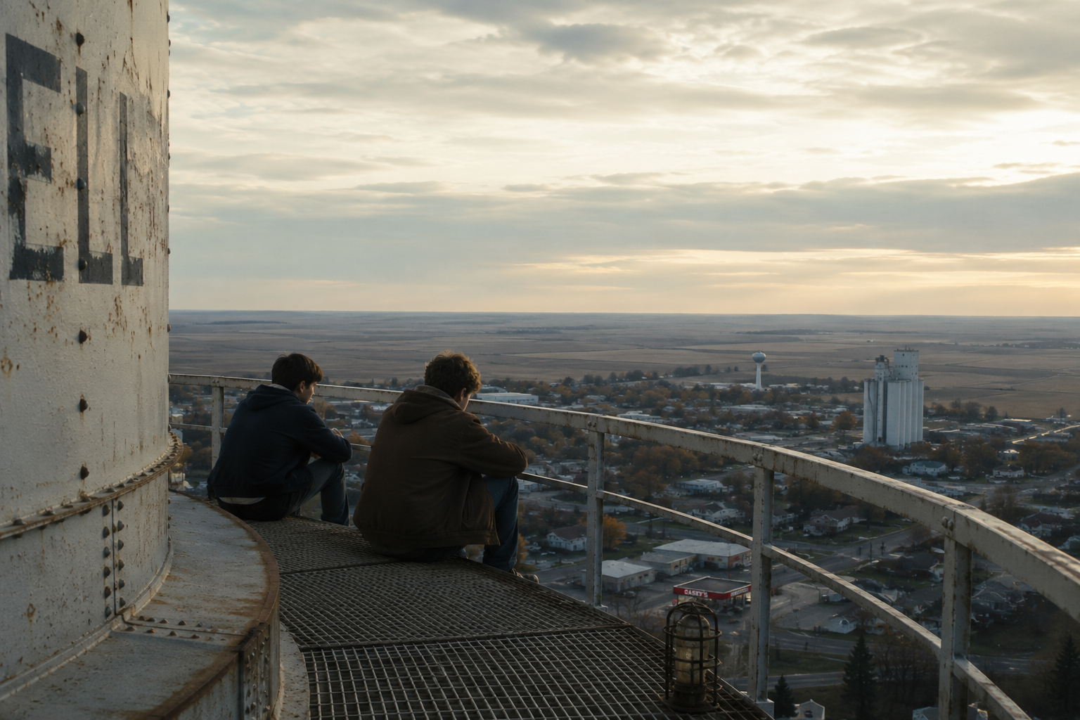 Two boys on the catwalk of a water tower overlooking vast farmland at dusk