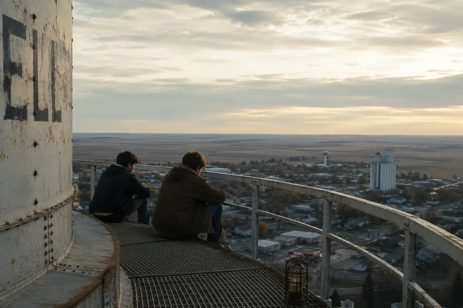 Two boys on the catwalk of a water tower overlooking vast farmland at dusk
