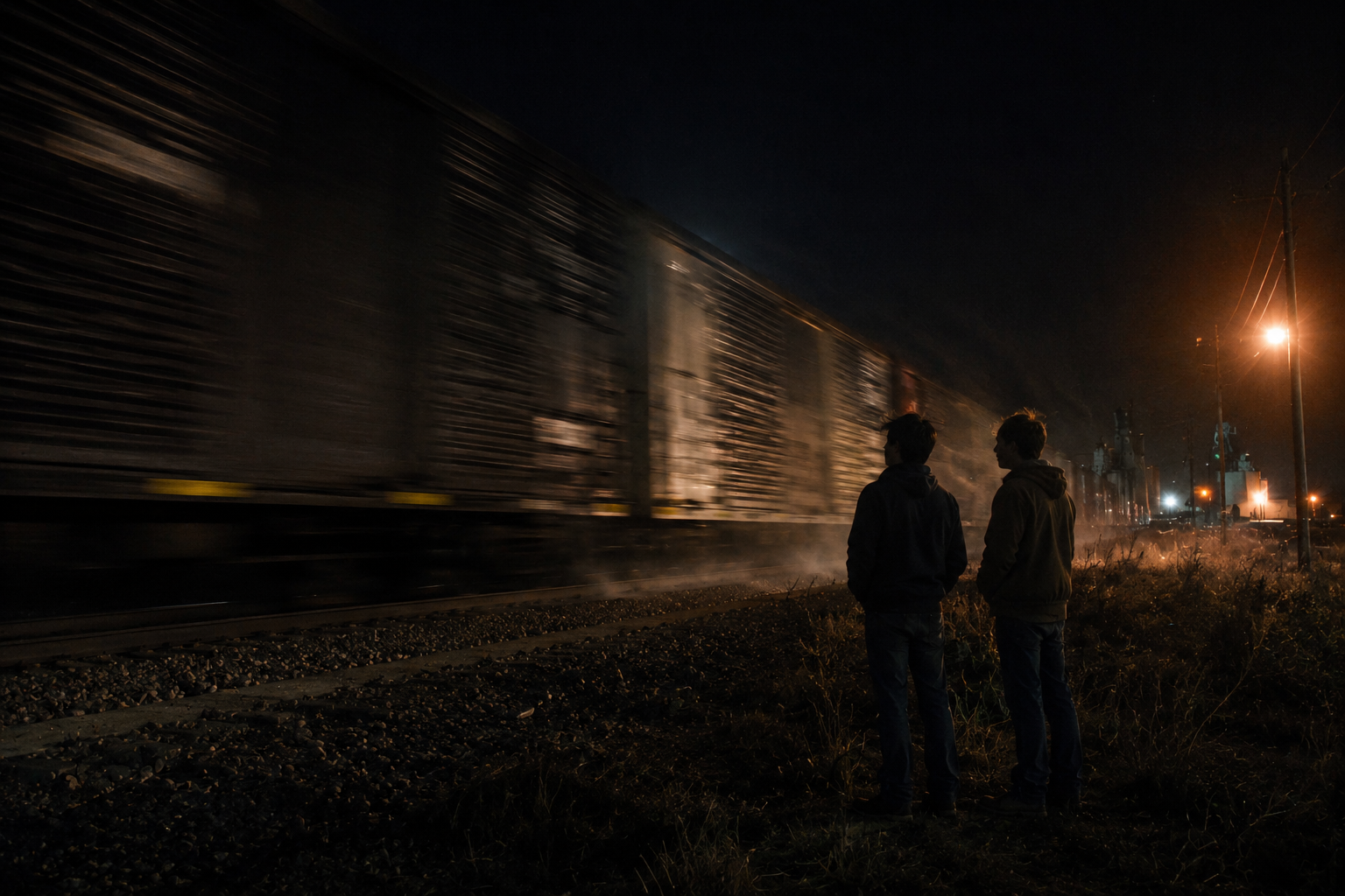 Empty railroad tracks at night with a distant approaching train light