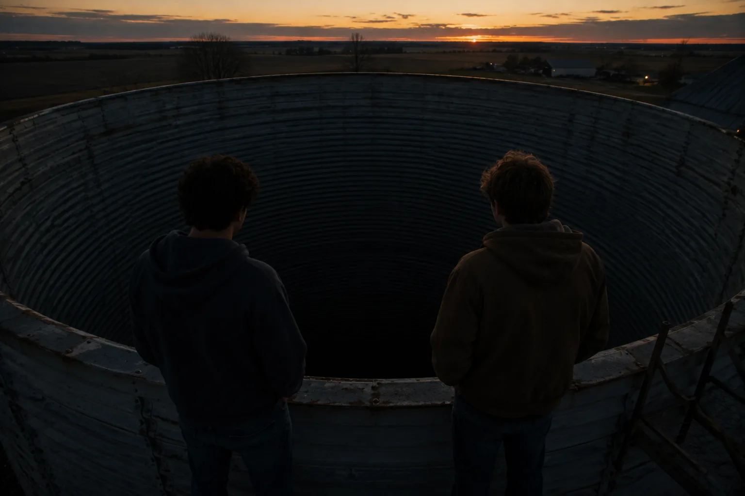 Two boys standing at the top of an empty silo at sunset looking down