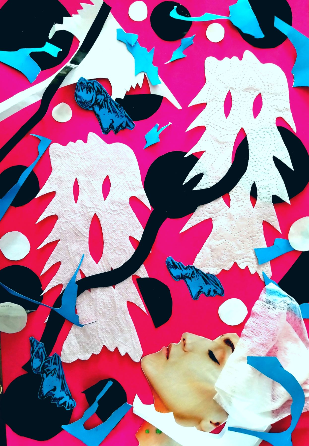 A hot pink ground. Two tall specters cut from embossed paper napkin, each with three slit eyes, stand side by side; black shapes curve between them like horns or a hook. Blue printed cloth fragments and black discs scatter the field. At the lower right a photographed woman's face lies on its side, eyes closed, half-covered by a sheet of napkin.
