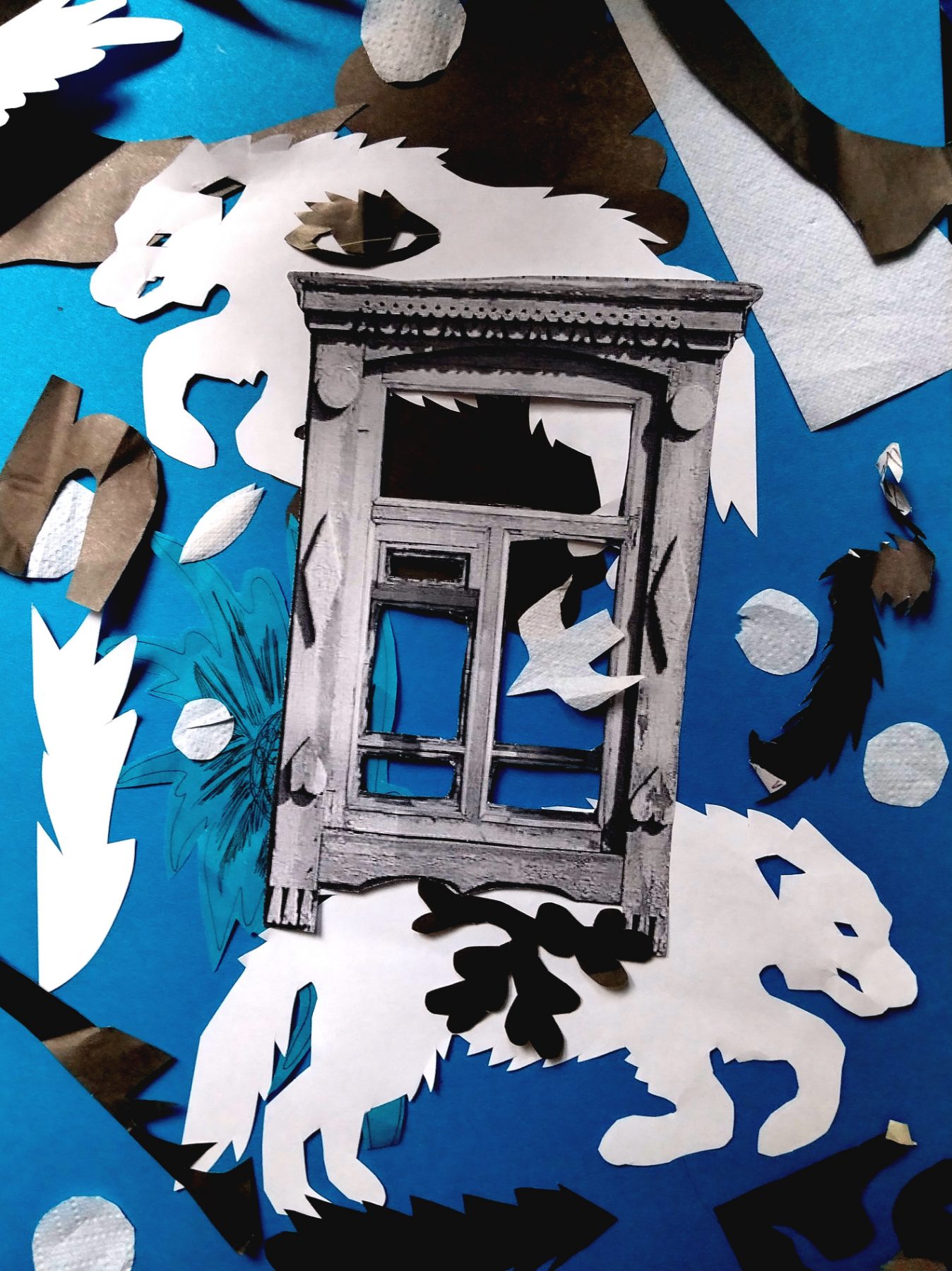 A deep blue ground. An ornate carved wooden window surround, photographed in grey, stands empty at the centre — the glass gone, a napkin bird flying through the opening. White cut beasts with saw-toothed manes stand above and below it, black oak leaves cluster at its sill, and a teal drawn sunflower sits at the left.