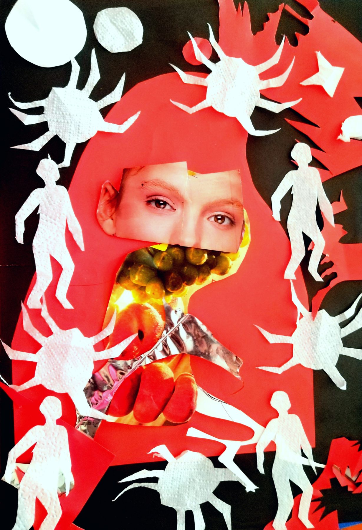 A ground of black and red. At the centre, a magazine photograph of a face sliced into a horizontal band — eyes and brows only, looking out — set against a red arch. Below the eyes, where the mouth and jaw should be, the face is replaced by photographs of food: green olives, an orange fruit, crumpled foil, red beans. Around them, white paper-napkin cutouts of walking human figures stand at the edges, and napkin starbursts with long radiating legs, like spiders, are scattered over both grounds.