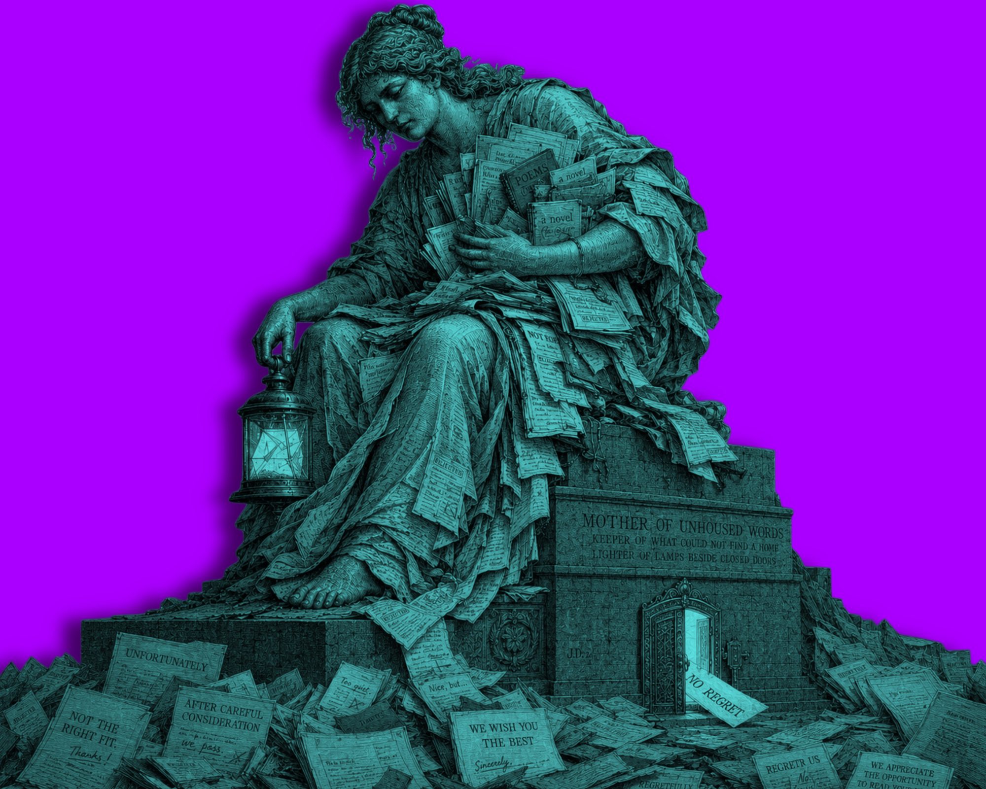 A seated woman holding a lantern low at her side and a heap of manuscripts against her chest, on a pedestal inscribed MOTHER OF UNHOUSED WORDS.